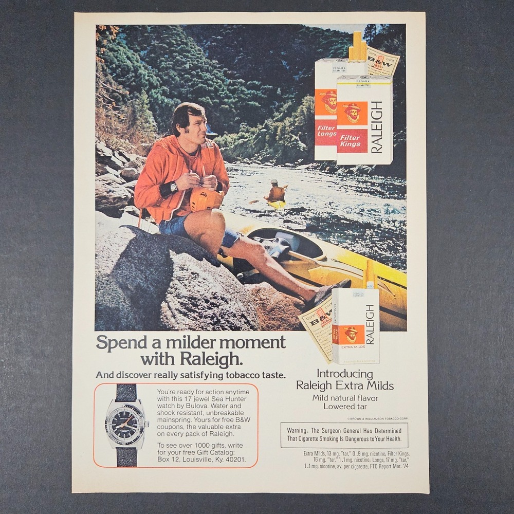 1974 Brown & Williamson Tobacco Raleigh Cigarettes Vintage Print Ad Kayaking Men